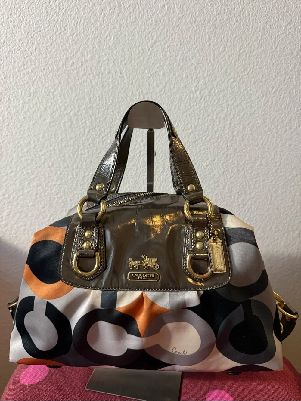 Coach Poppy Op Art Glam Tote Satchel Shoulder Bag Patent Leather Crossbody 12932